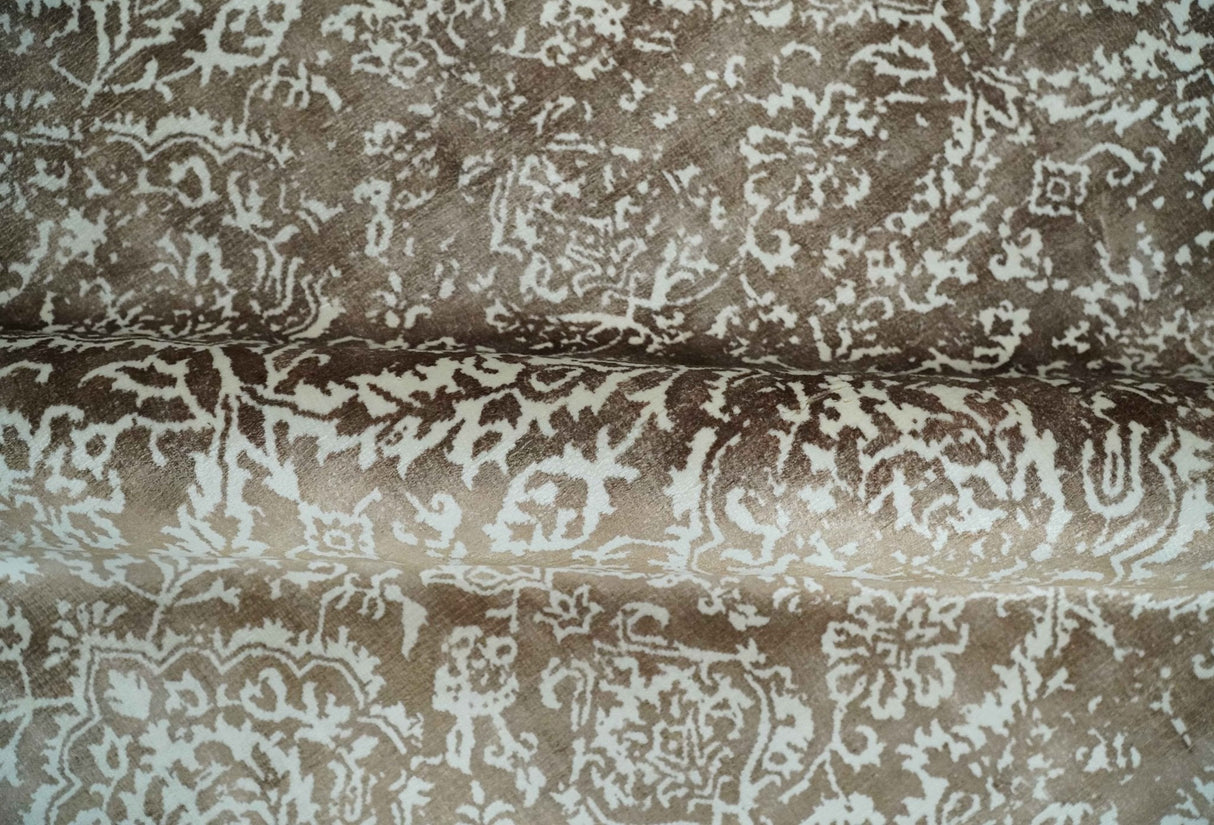 Floral Brown and Ivory Traditional Ikat Large Design 5.6x8 Hand loom Viscose Area Rug