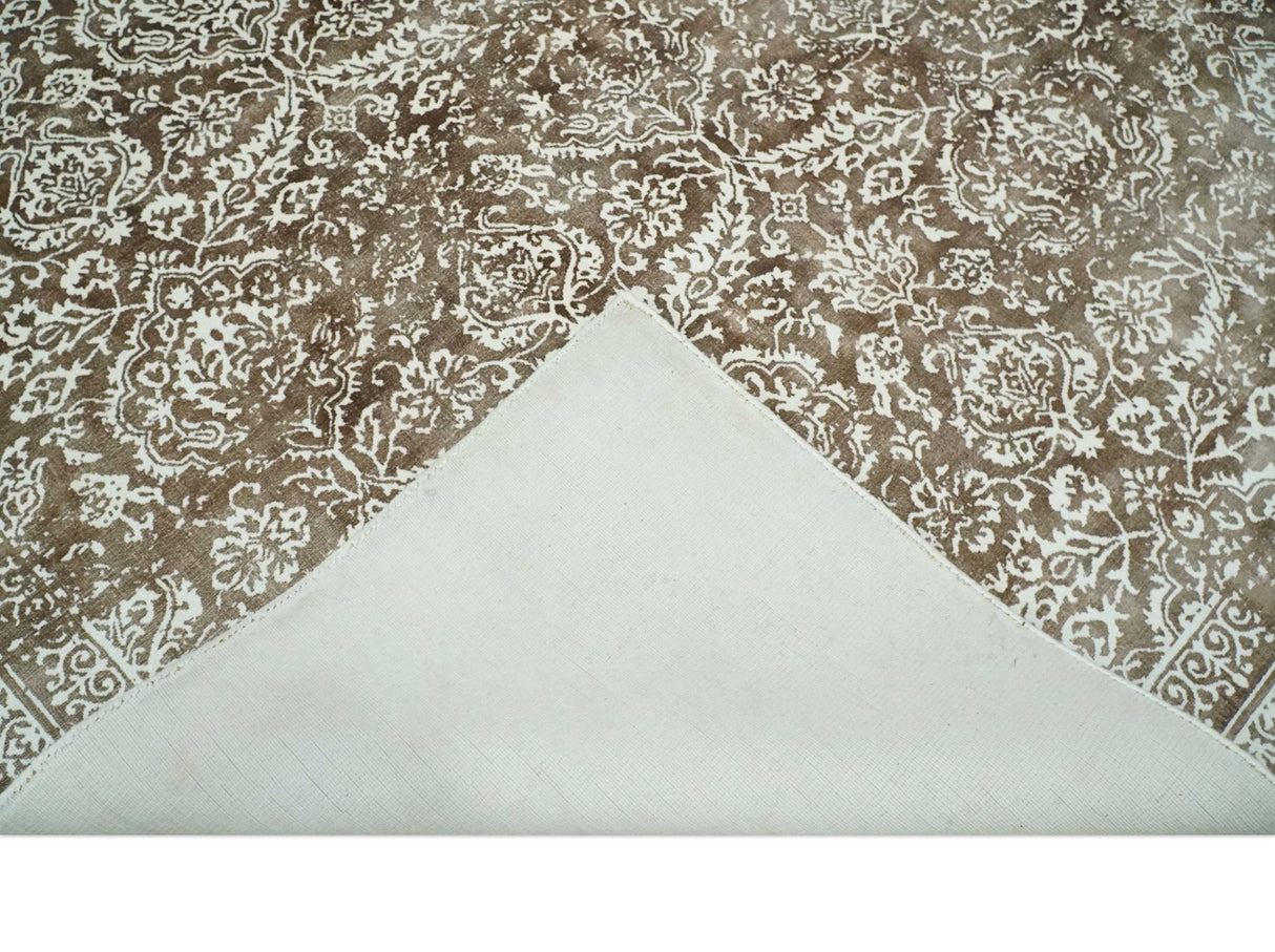 Floral Brown and Ivory Traditional Ikat Large Design 5.6x8 Hand loom Viscose Area Rug