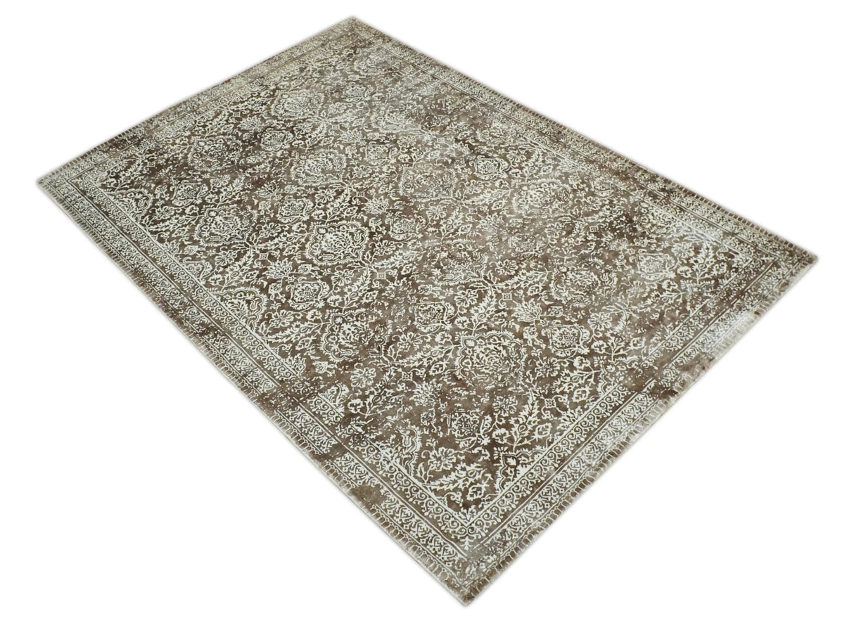 Floral Brown and Ivory Traditional Ikat Large Design 5.6x8 Hand loom Viscose Area Rug
