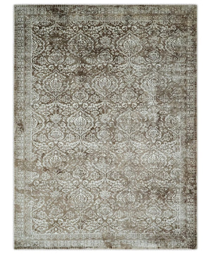 Floral Brown and Ivory Traditional Ikat Large Design 5.6x8 Hand loom Viscose Area Rug