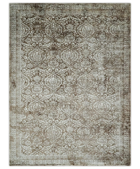 Floral Brown and Ivory Traditional Ikat Large Design 5.6x8 Hand loom Viscose Area Rug