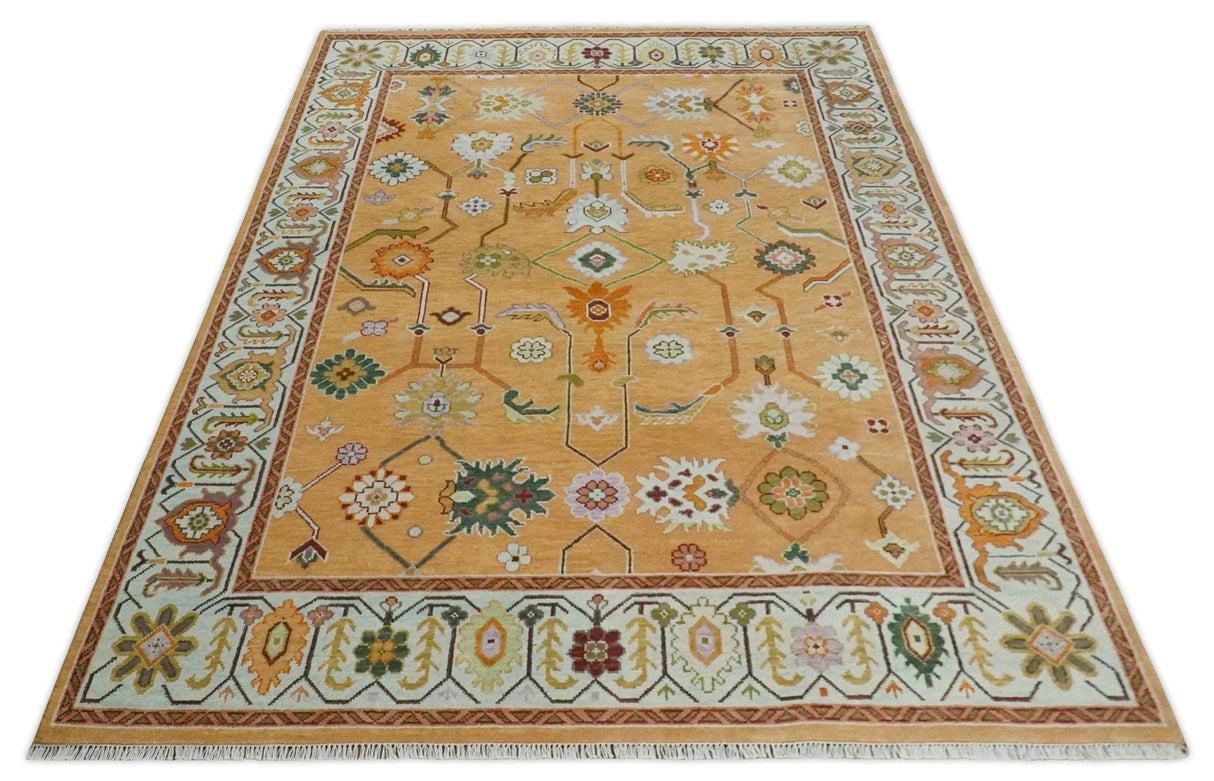 Floral Dark Peach and Ivory Hand knotted 8x10 and 9x12 wool Area Rug