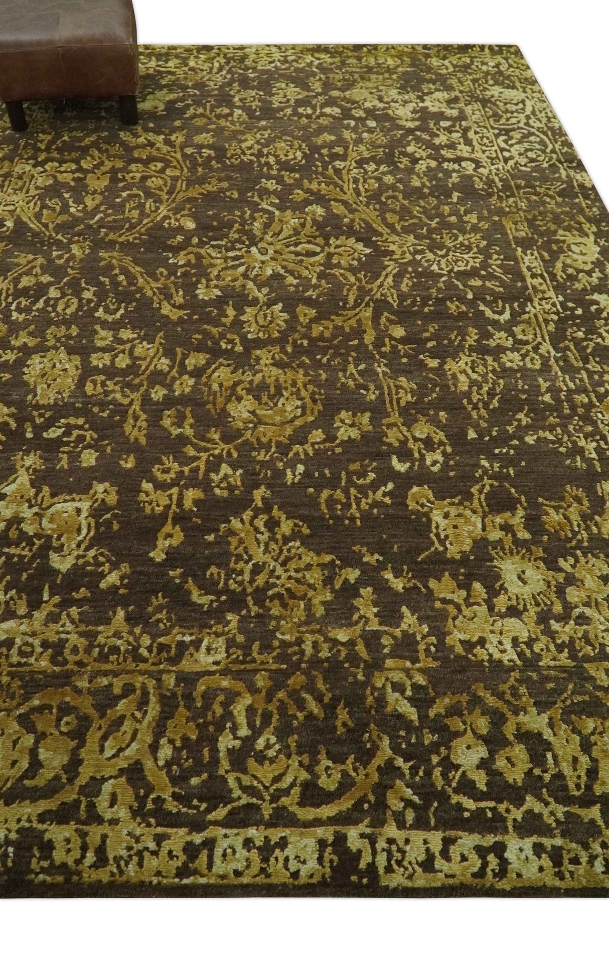 Floral Premium look Gold and Brown Hand Knotted 6x9 wool and art silk Area Rug