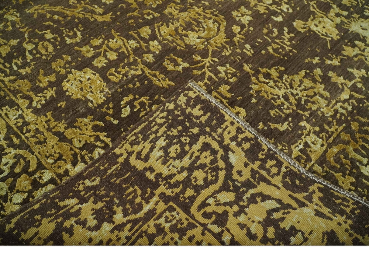 Floral Premium look Gold and Brown Hand Knotted 6x9 wool and art silk Area Rug