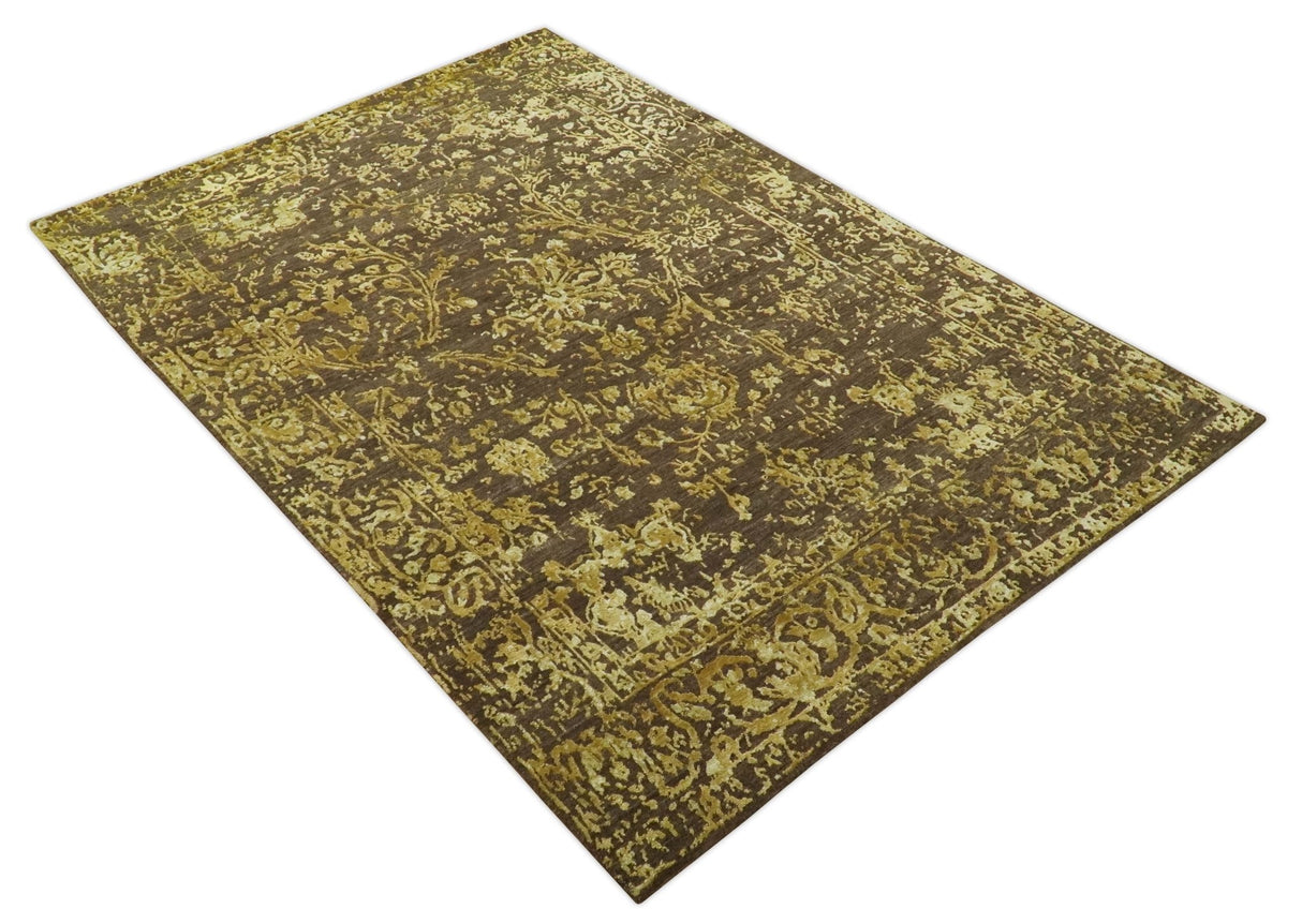 Floral Premium look Gold and Brown Hand Knotted 6x9 wool and art silk Area Rug