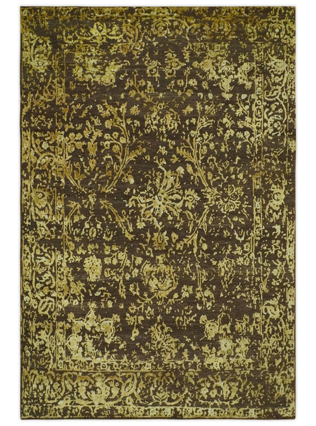 Floral Premium look Gold and Brown Hand Knotted 6x9 wool and art silk Area Rug