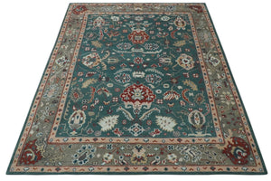 Floral Teal, Camel and Brown Hand Knotted Oriental Oushak Multi Size wool Area Rug