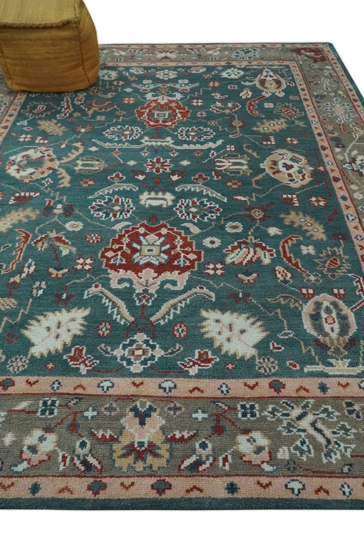 Floral Teal, Camel and Brown Hand Knotted Oriental Oushak Multi Size wool Area Rug