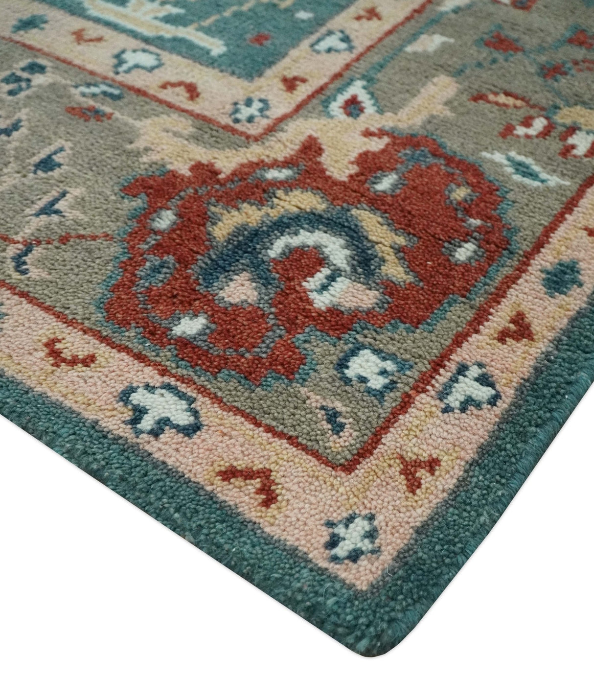 Floral Teal, Camel and Brown Hand Knotted Oriental Oushak Multi Size wool Area Rug