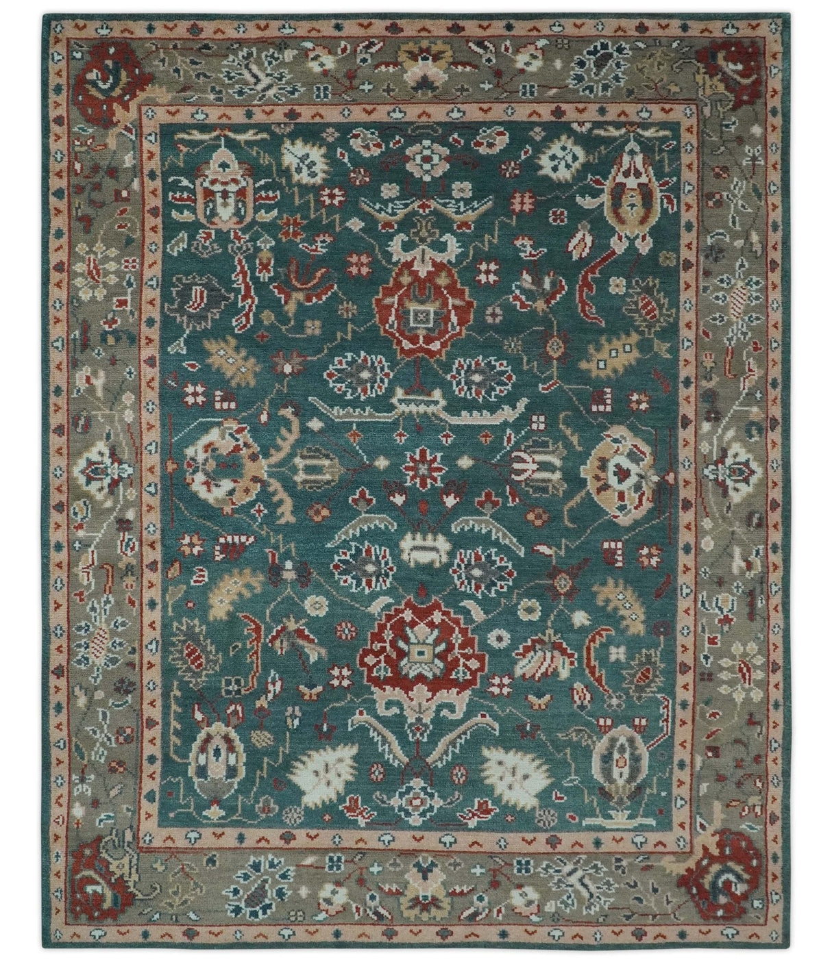 Floral Teal, Camel and Brown Hand Knotted Oriental Oushak Multi Size wool Area Rug