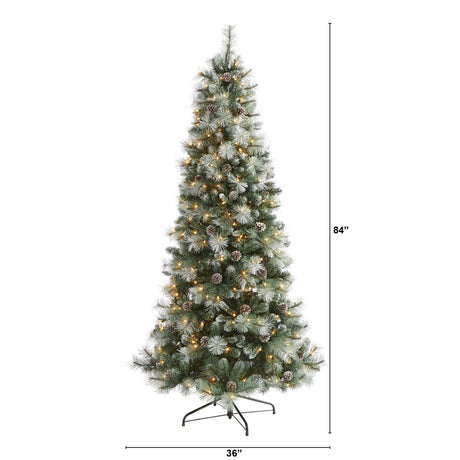 Frosted Tip British Columbia Mountain Pine Artificial Christmas Tree with 400 Clear Lights, Pine Cones and 882 Bendable Branches