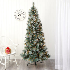 Frosted Tip British Columbia Mountain Pine Artificial Christmas Tree with 400 Clear Lights, Pine Cones and 882 Bendable Branches