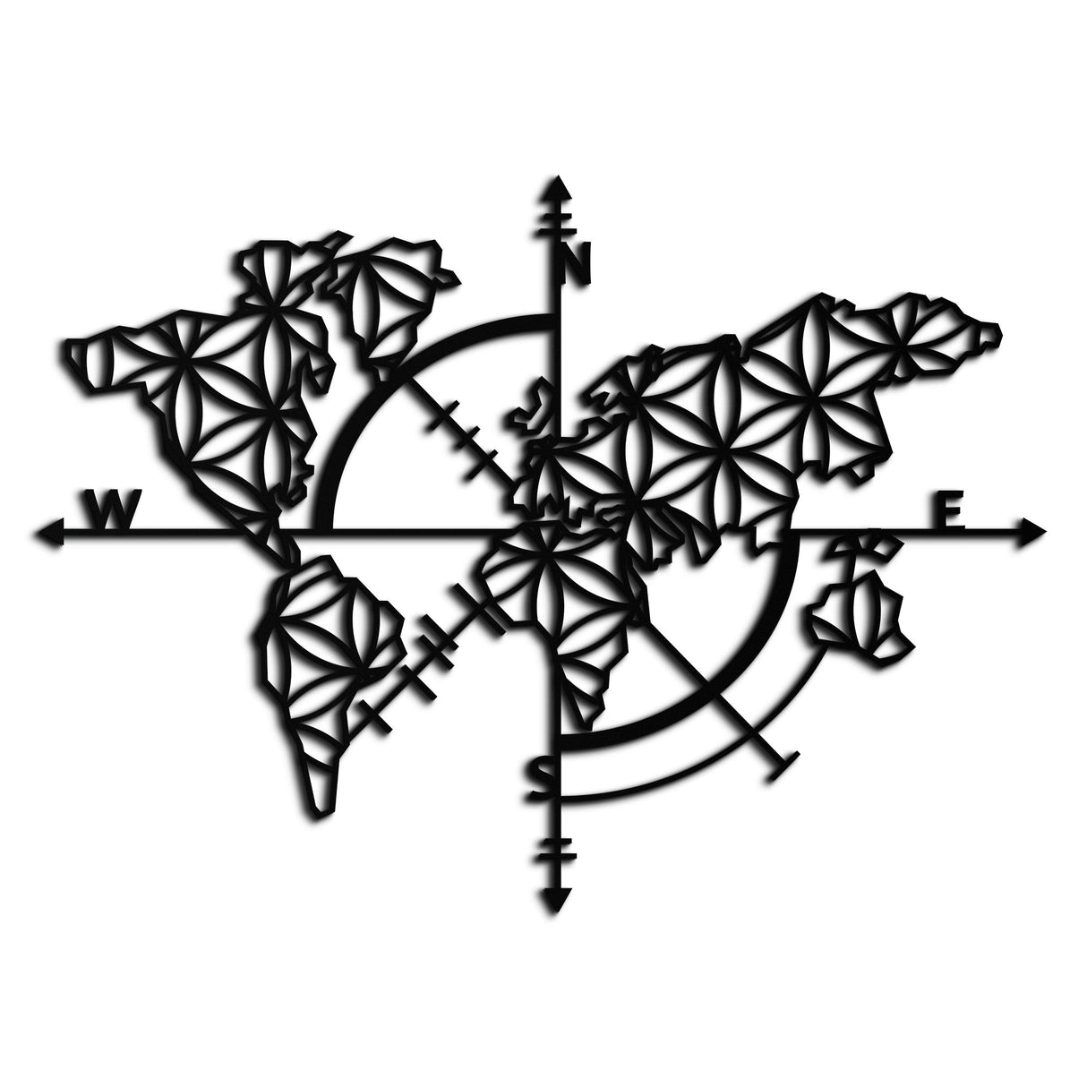 Geometric World Map Metal Wall Art - Modern Compass Wall Decor - KAF099