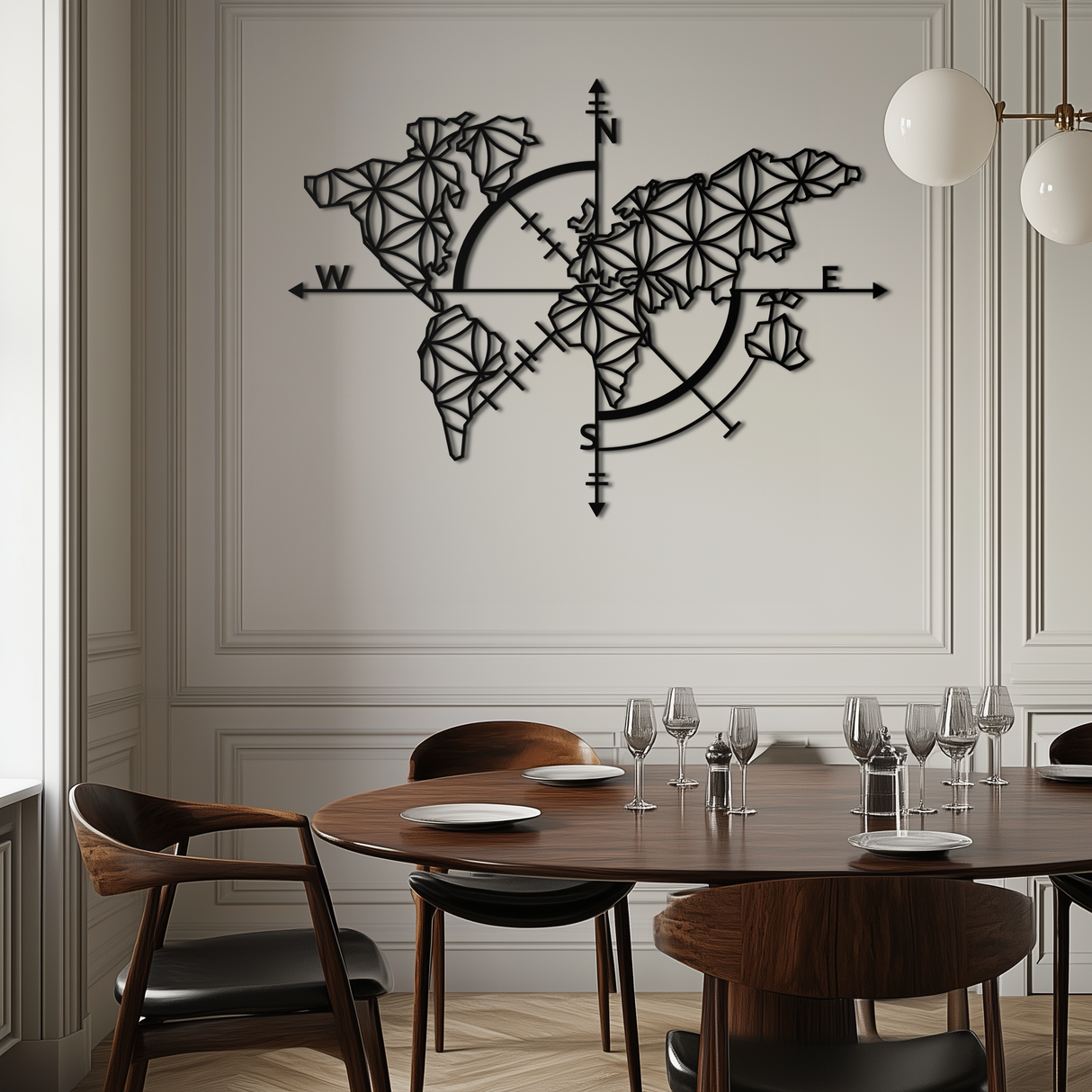 Geometric World Map Metal Wall Art - Modern Compass Wall Decor - KAF099