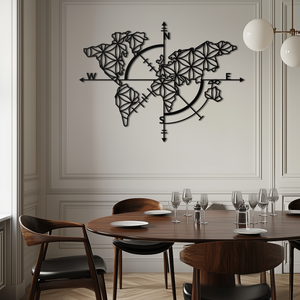 Geometric World Map Metal Wall Art - Modern Compass Wall Decor - KAF099
