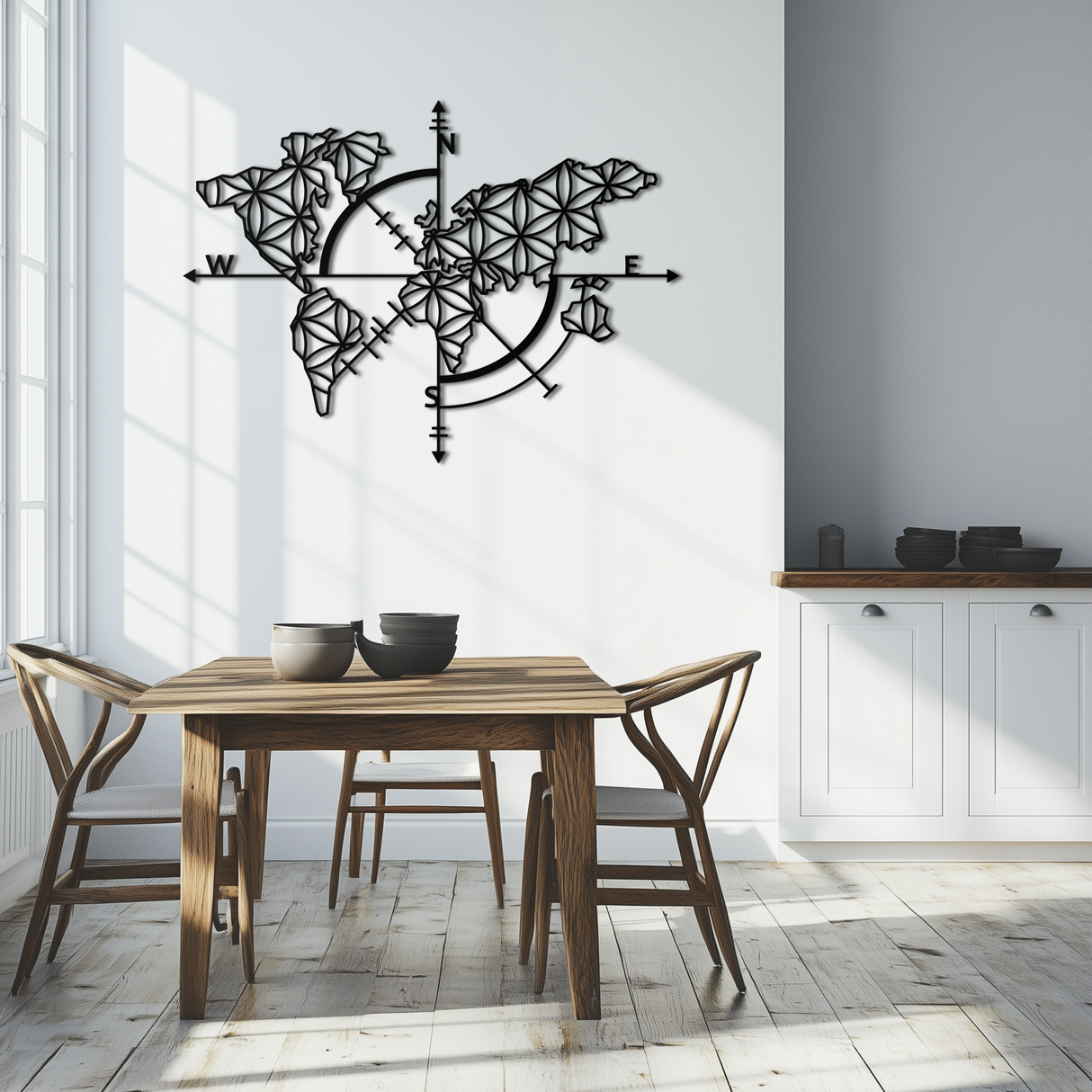 Geometric World Map Metal Wall Art - Modern Compass Wall Decor - KAF099
