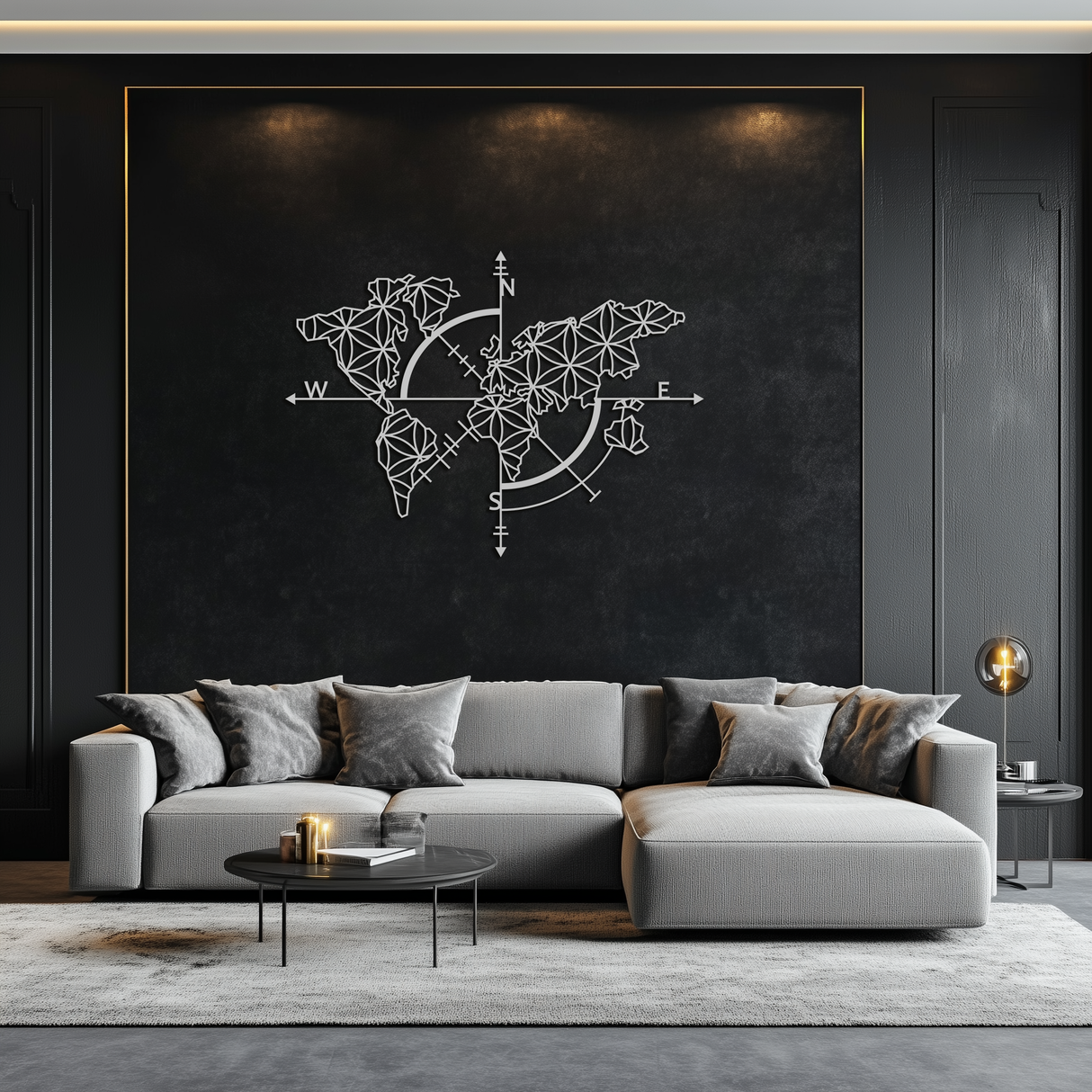Geometric World Map Metal Wall Art - Modern Compass Wall Decor - KAF099
