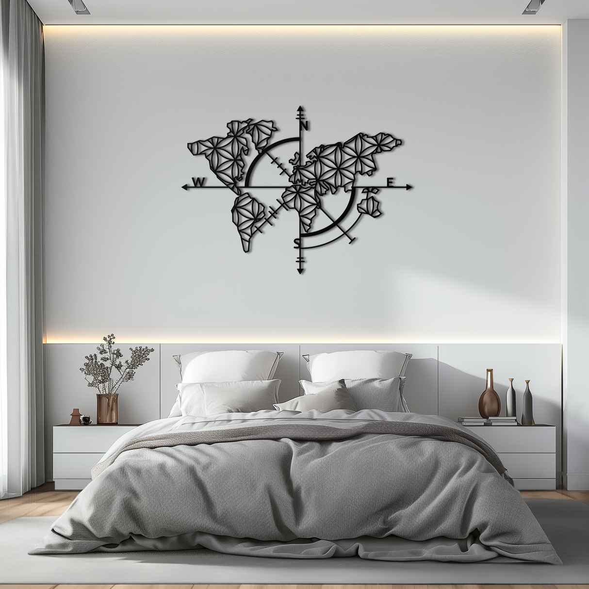 Geometric World Map Metal Wall Art - Modern Compass Wall Decor - KAF099