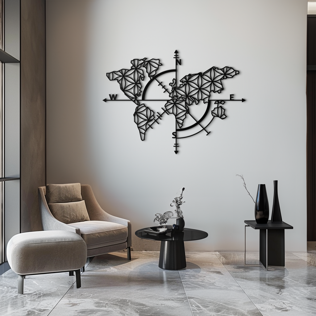 Geometric World Map Metal Wall Art - Modern Compass Wall Decor - KAF099