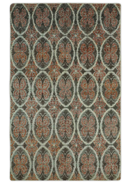 Geometrical Floral Design 5x8.6 Charcoal, Ivory and Rust Hand Knotted wool rug