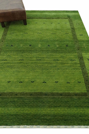 Geometrical Stripes Design Green Hand loom Multi Size wool Area Rug
