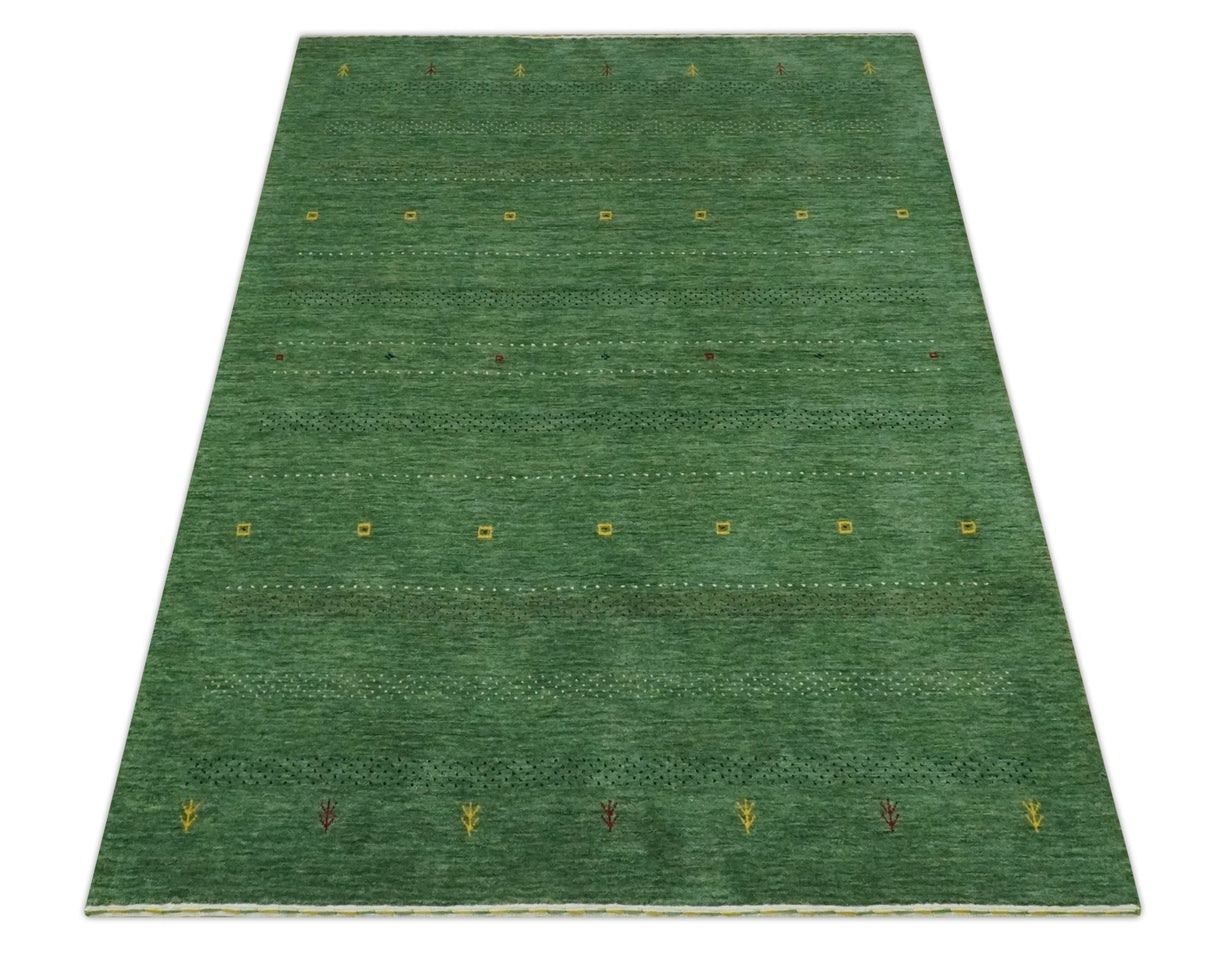 Geometrical Stripes Design Green, Ivory and Charcoal Hand loom 4.6x6.6 wool Area Rug