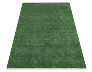 Geometrical Stripes Design Green, Ivory and Charcoal Hand loom 4.6x6.6 wool Area Rug