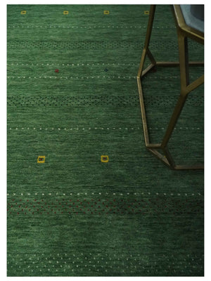 Geometrical Stripes Design Green, Ivory and Charcoal Hand loom 4.6x6.6 wool Area Rug
