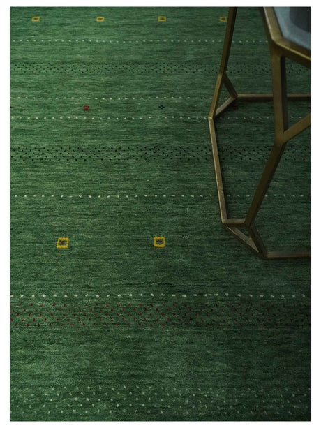 Geometrical Stripes Design Green, Ivory and Charcoal Hand loom 4.6x6.6 wool Area Rug