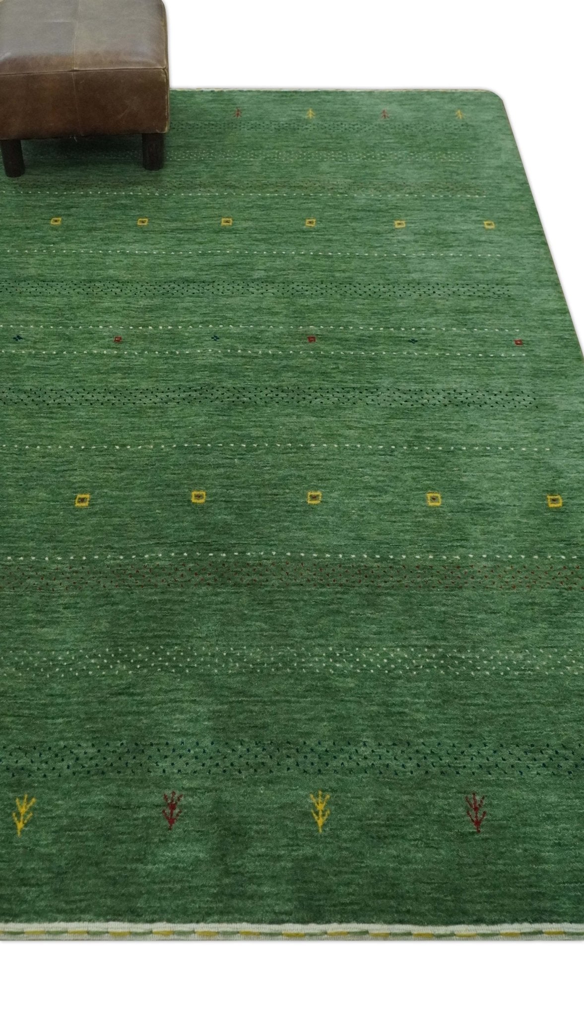 Geometrical Stripes Design Green, Ivory and Charcoal Hand loom 4.6x6.6 wool Area Rug