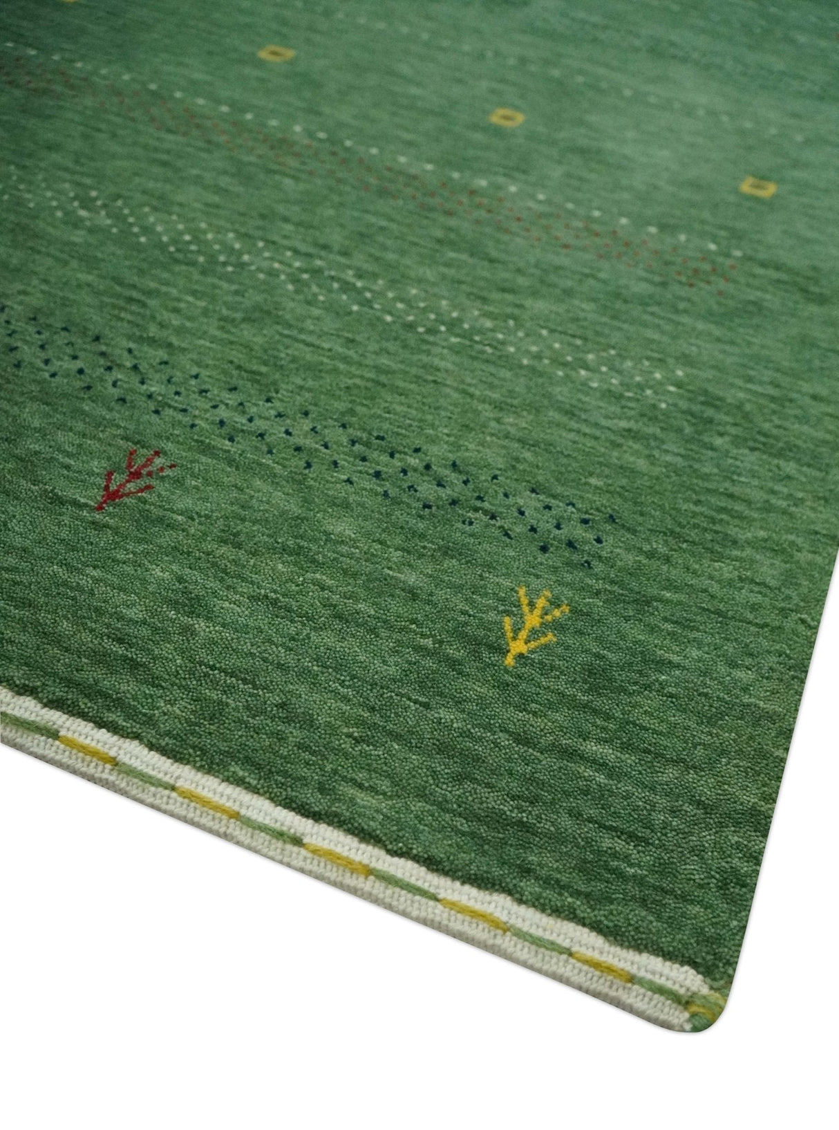Geometrical Stripes Design Green, Ivory and Charcoal Hand loom 4.6x6.6 wool Area Rug