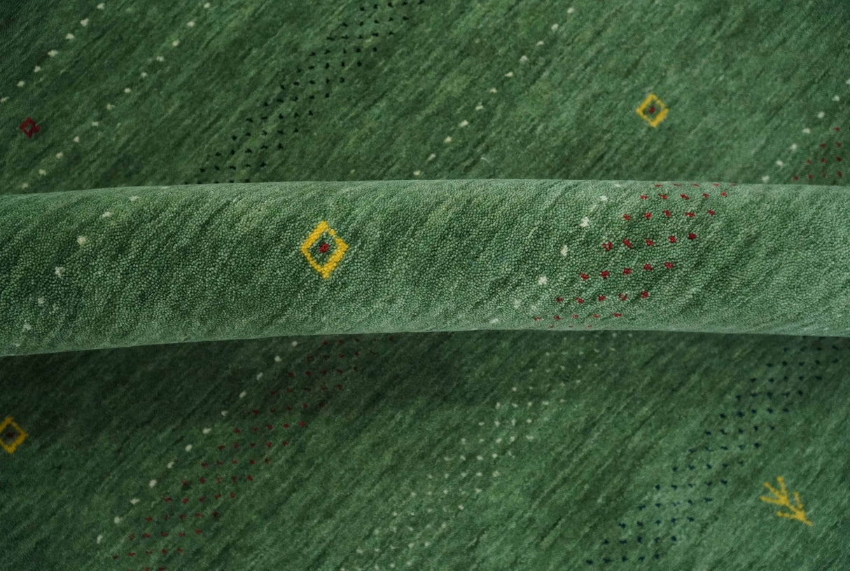 Geometrical Stripes Design Green, Ivory and Charcoal Hand loom 4.6x6.6 wool Area Rug