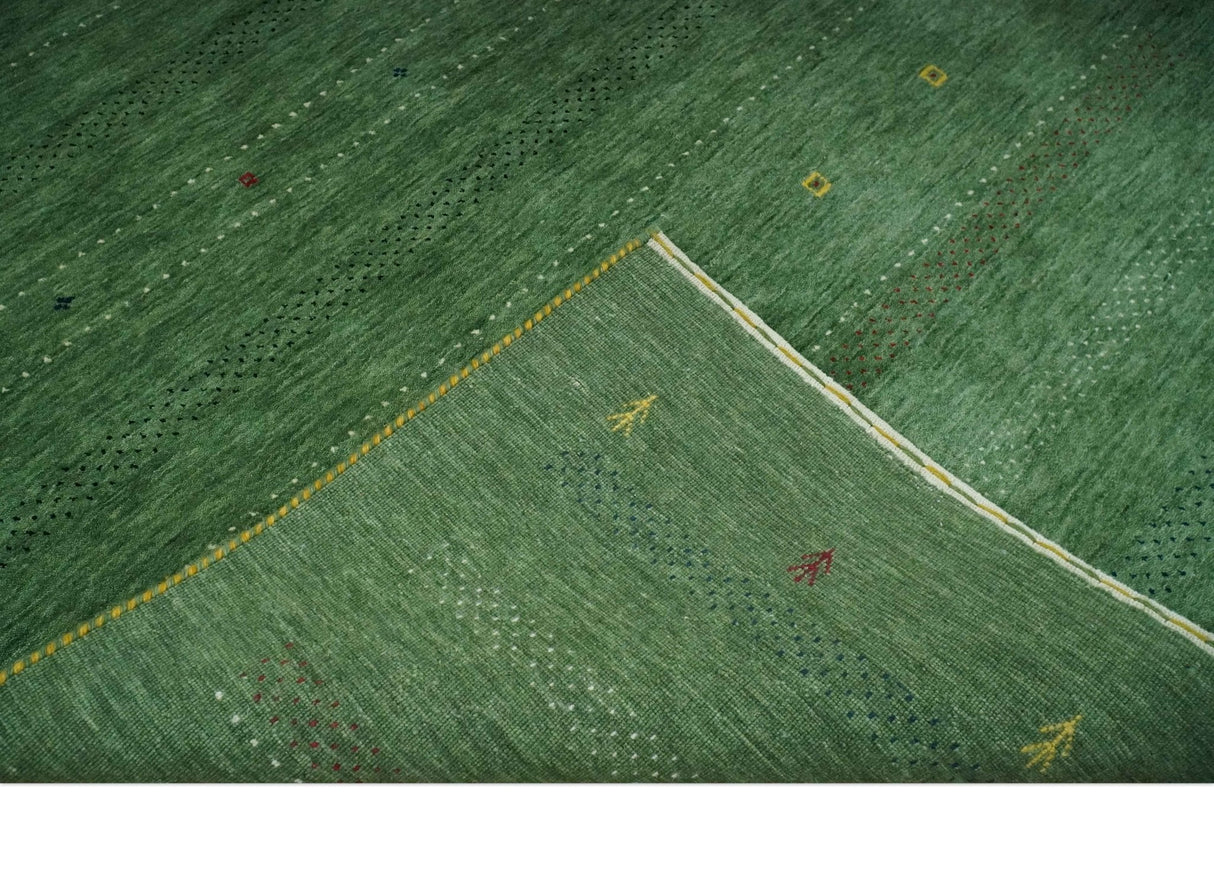 Geometrical Stripes Design Green, Ivory and Charcoal Hand loom 4.6x6.6 wool Area Rug