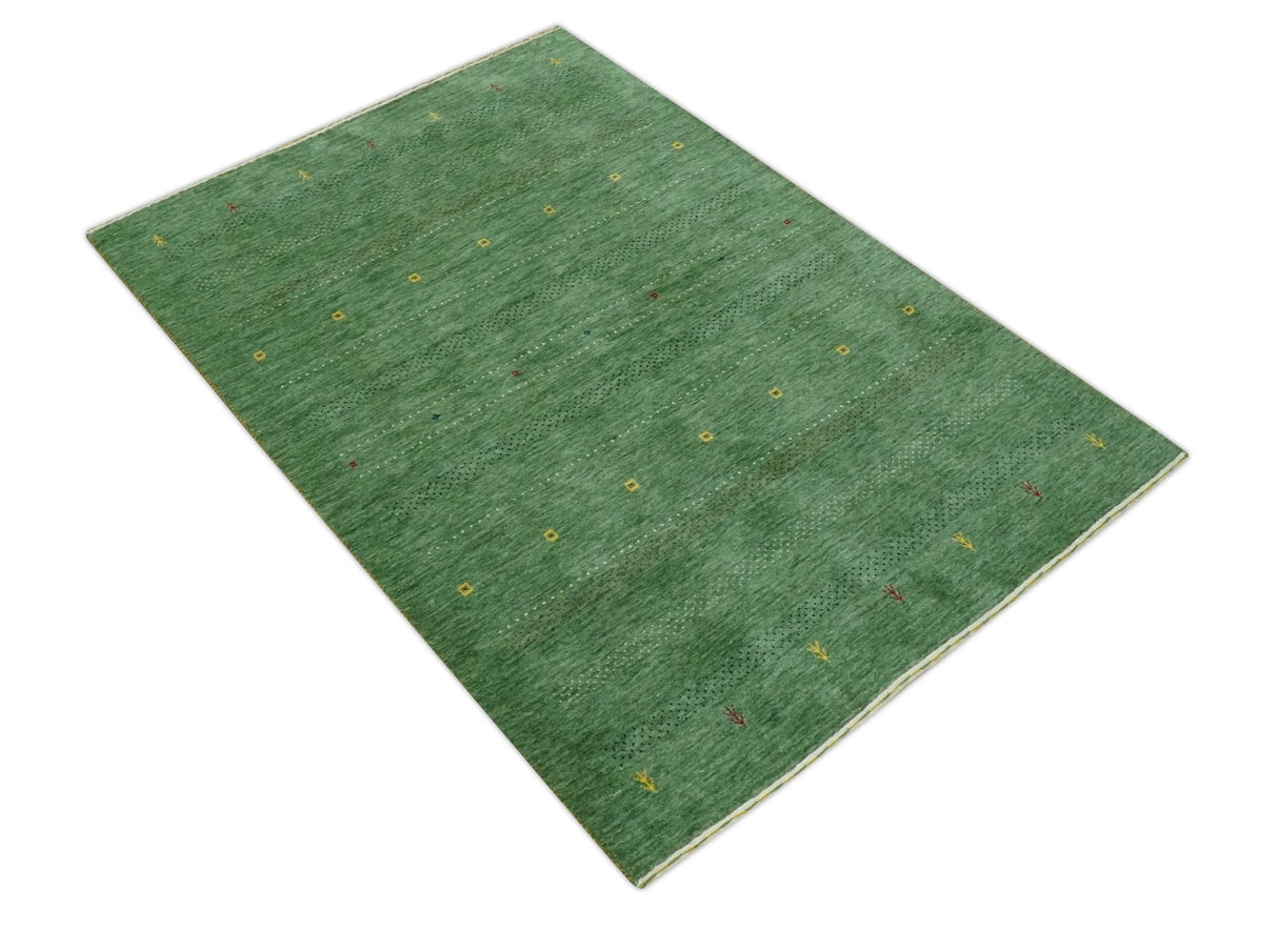 Geometrical Stripes Design Green, Ivory and Charcoal Hand loom 4.6x6.6 wool Area Rug
