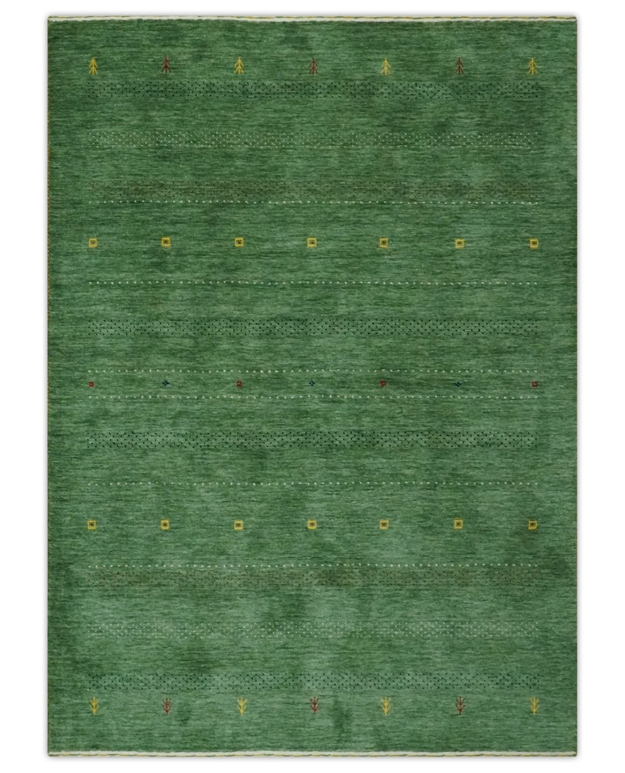 Geometrical Stripes Design Green, Ivory and Charcoal Hand loom 4.6x6.6 wool Area Rug