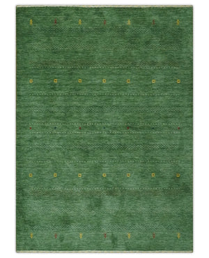 Geometrical Stripes Design Green, Ivory and Charcoal Hand loom 4.6x6.6 wool Area Rug