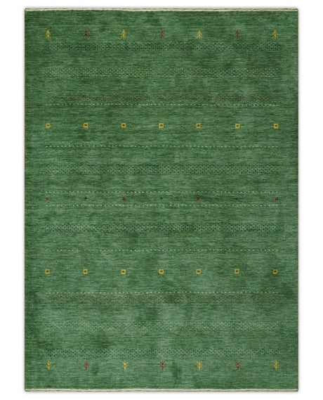Geometrical Stripes Design Green, Ivory and Charcoal Hand loom 4.6x6.6 wool Area Rug
