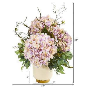Giant Hydrangea and Mixed Greens Artificial Arrangement in White Bowl
