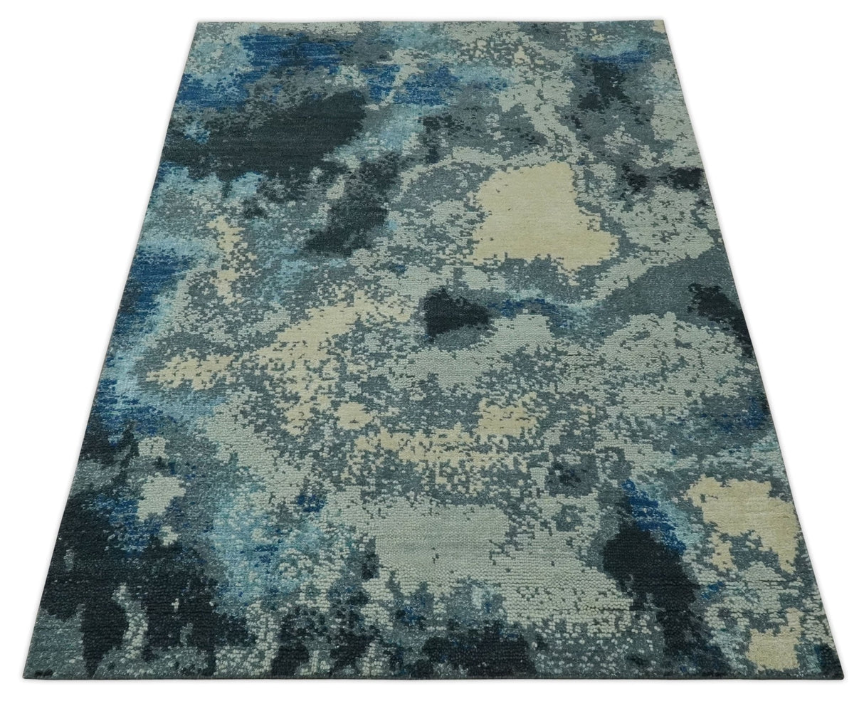 Gray, Blue and Black Modern Abstract 5x8 Hand Knotted wool area rug
