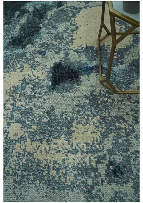 Gray, Blue and Black Modern Abstract 5x8 Hand Knotted wool area rug