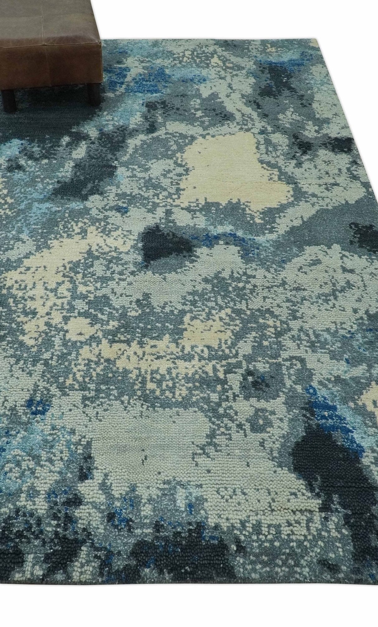 Gray, Blue and Black Modern Abstract 5x8 Hand Knotted wool area rug
