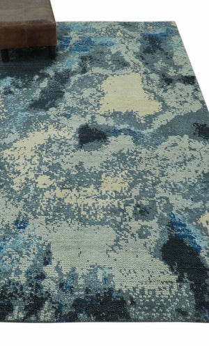 Gray, Blue and Black Modern Abstract 5x8 Hand Knotted wool area rug
