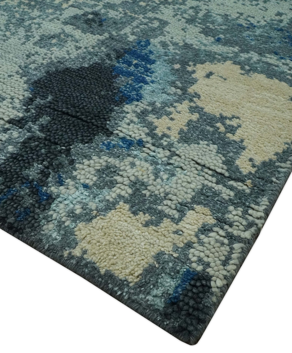 Gray, Blue and Black Modern Abstract 5x8 Hand Knotted wool area rug