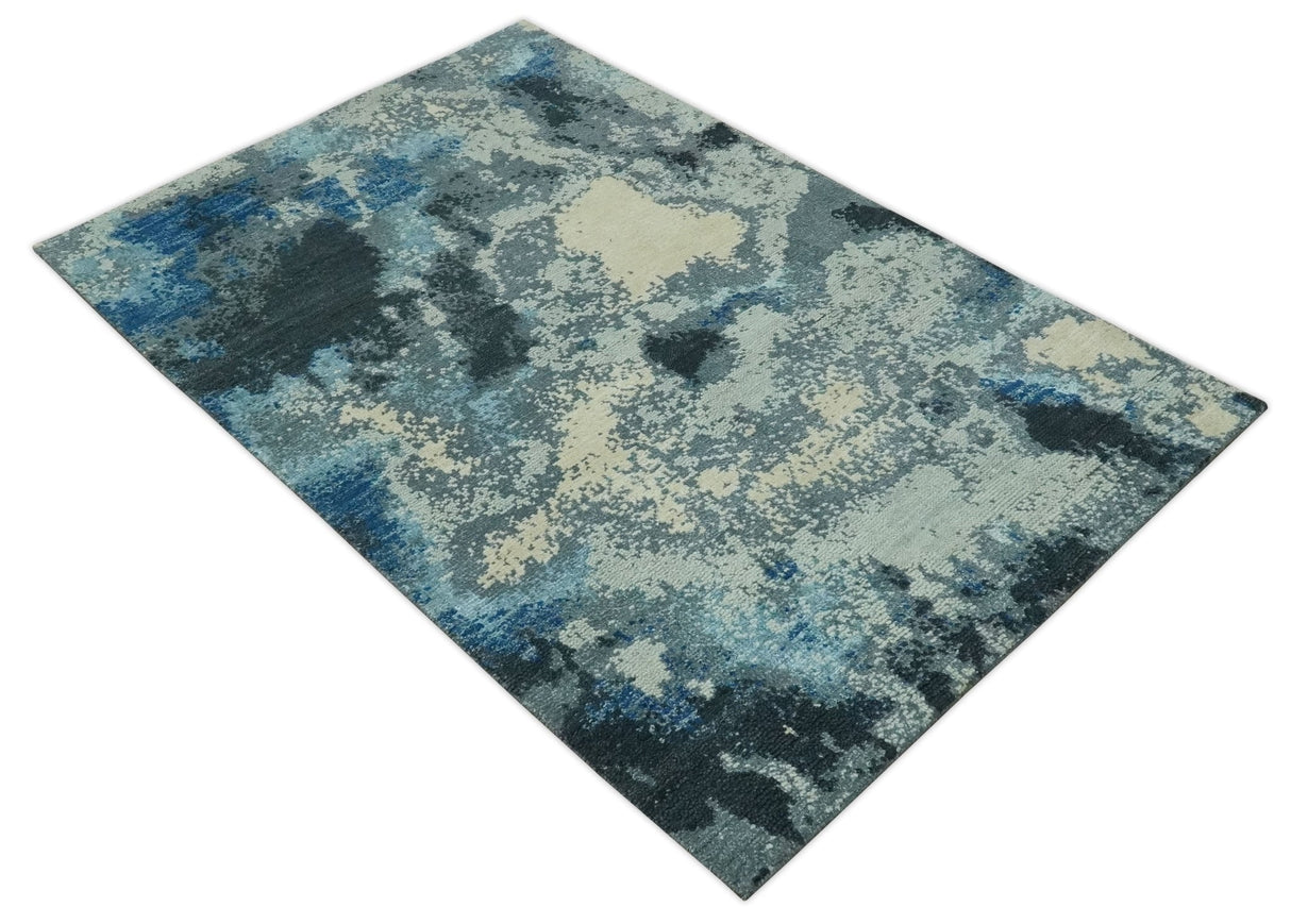 Gray, Blue and Black Modern Abstract 5x8 Hand Knotted wool area rug