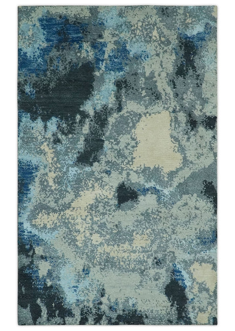 Gray, Blue and Black Modern Abstract 5x8 Hand Knotted wool area rug