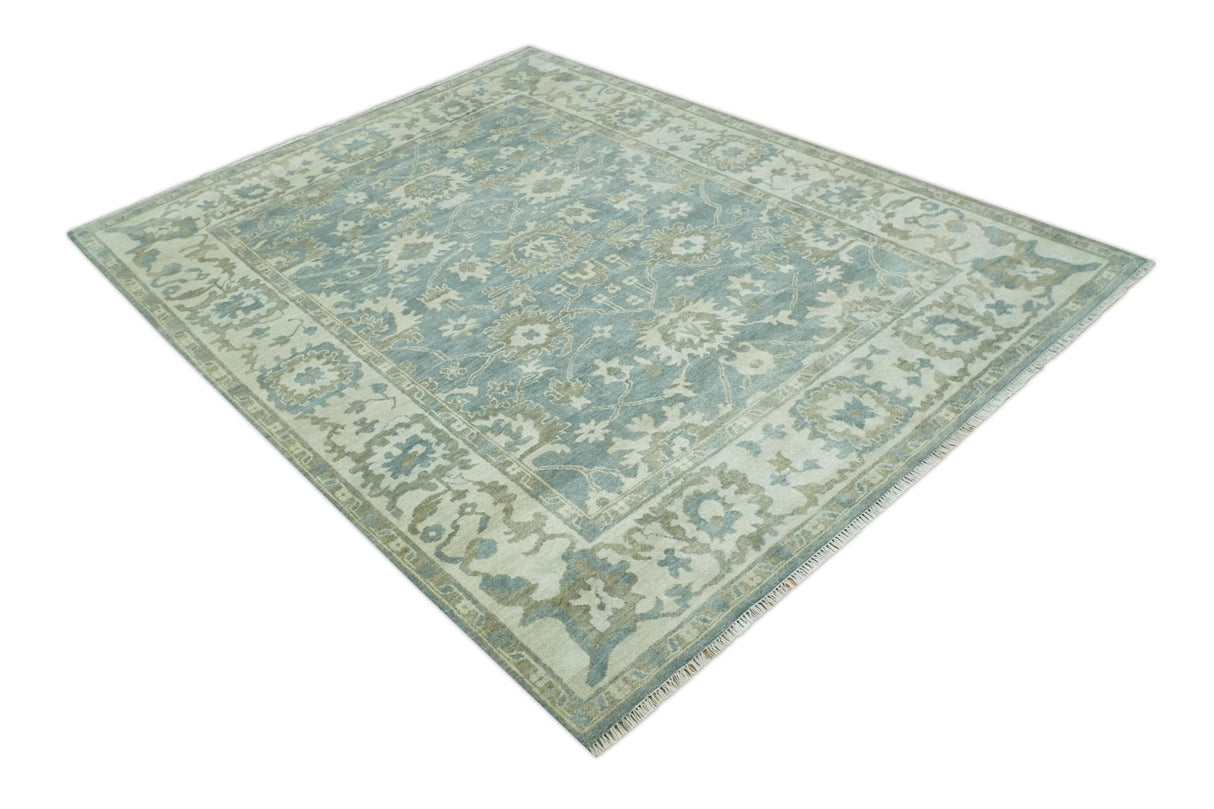 Gray, Ivory and Green Hand Knotted Traditional Oriental Oushak 9x12 wool Area Rug