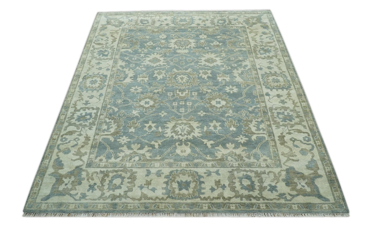 Gray, Ivory and Green Hand Knotted Traditional Oriental Oushak 9x12 wool Area Rug