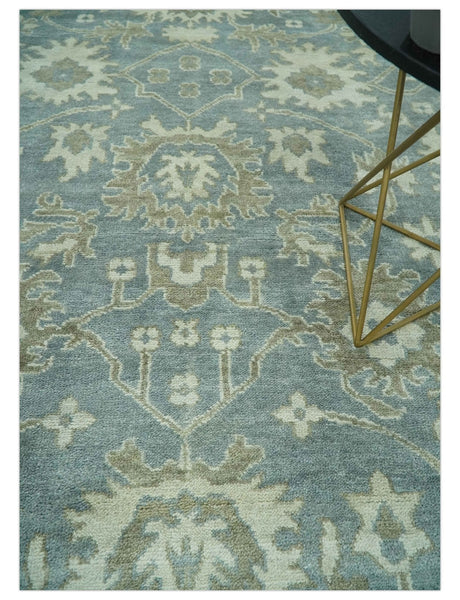 Gray, Ivory and Green Hand Knotted Traditional Oriental Oushak 9x12 wool Area Rug