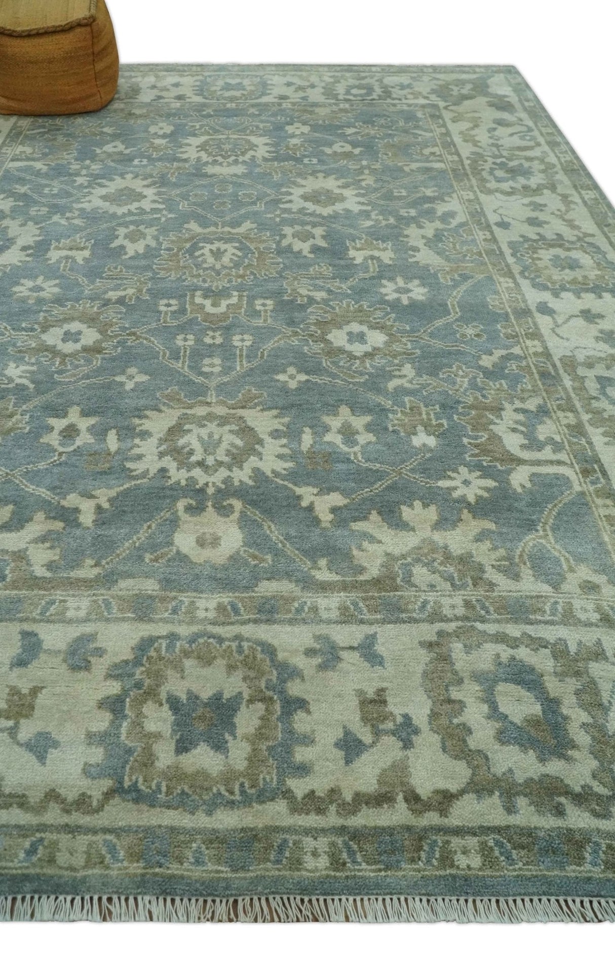 Gray, Ivory and Green Hand Knotted Traditional Oriental Oushak 9x12 wool Area Rug