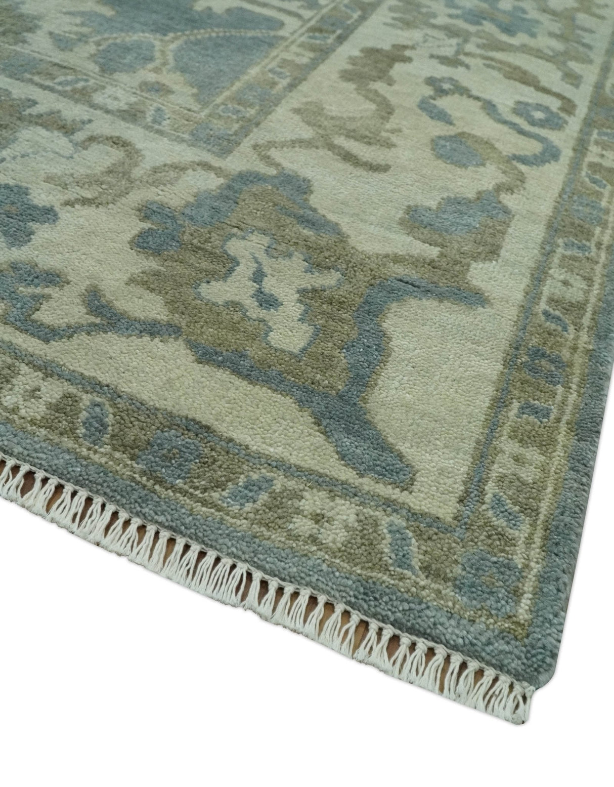 Gray, Ivory and Green Hand Knotted Traditional Oriental Oushak 9x12 wool Area Rug